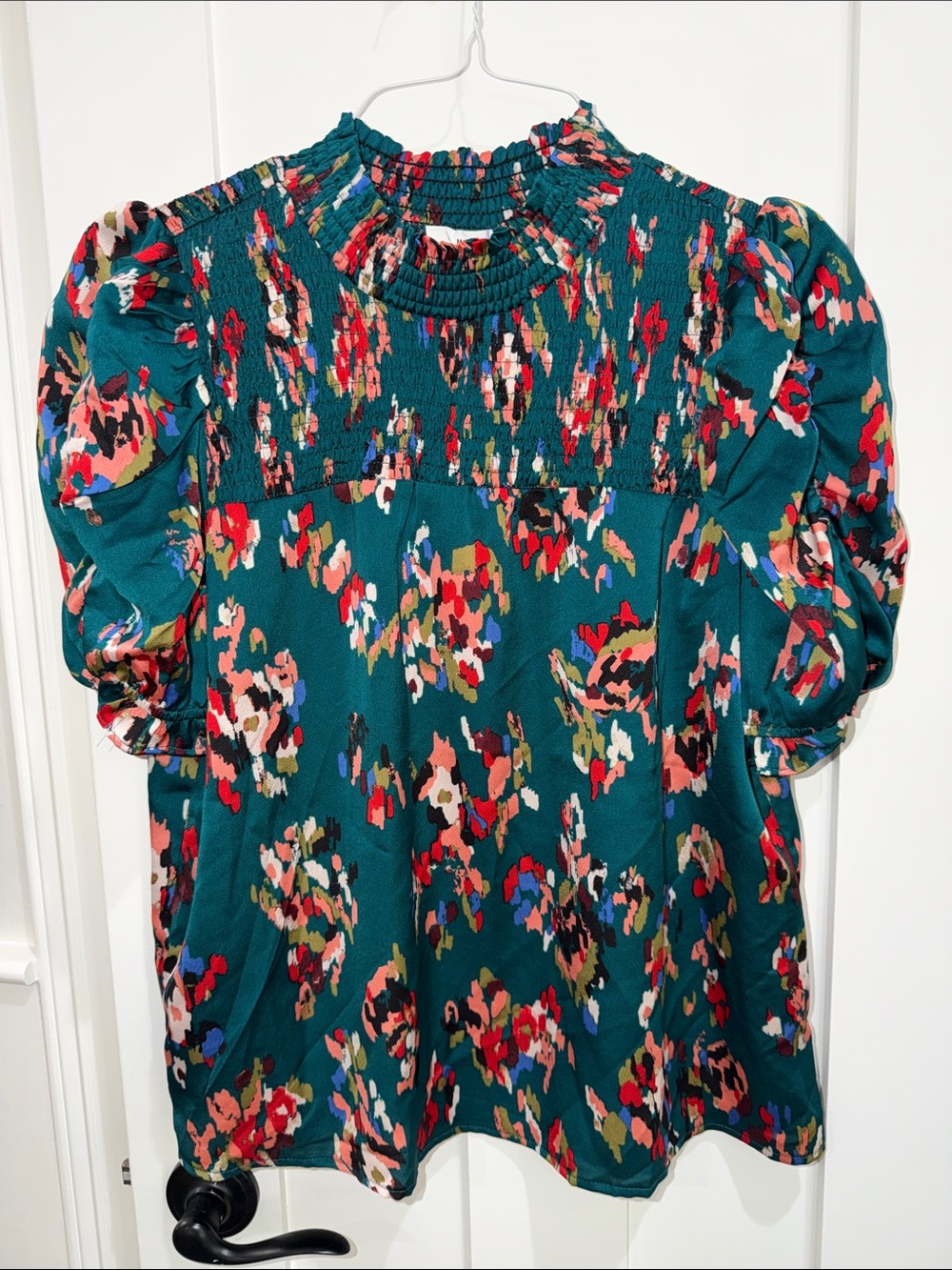 THML Teal Floral Smocked Puff-Sleeve Blouse
